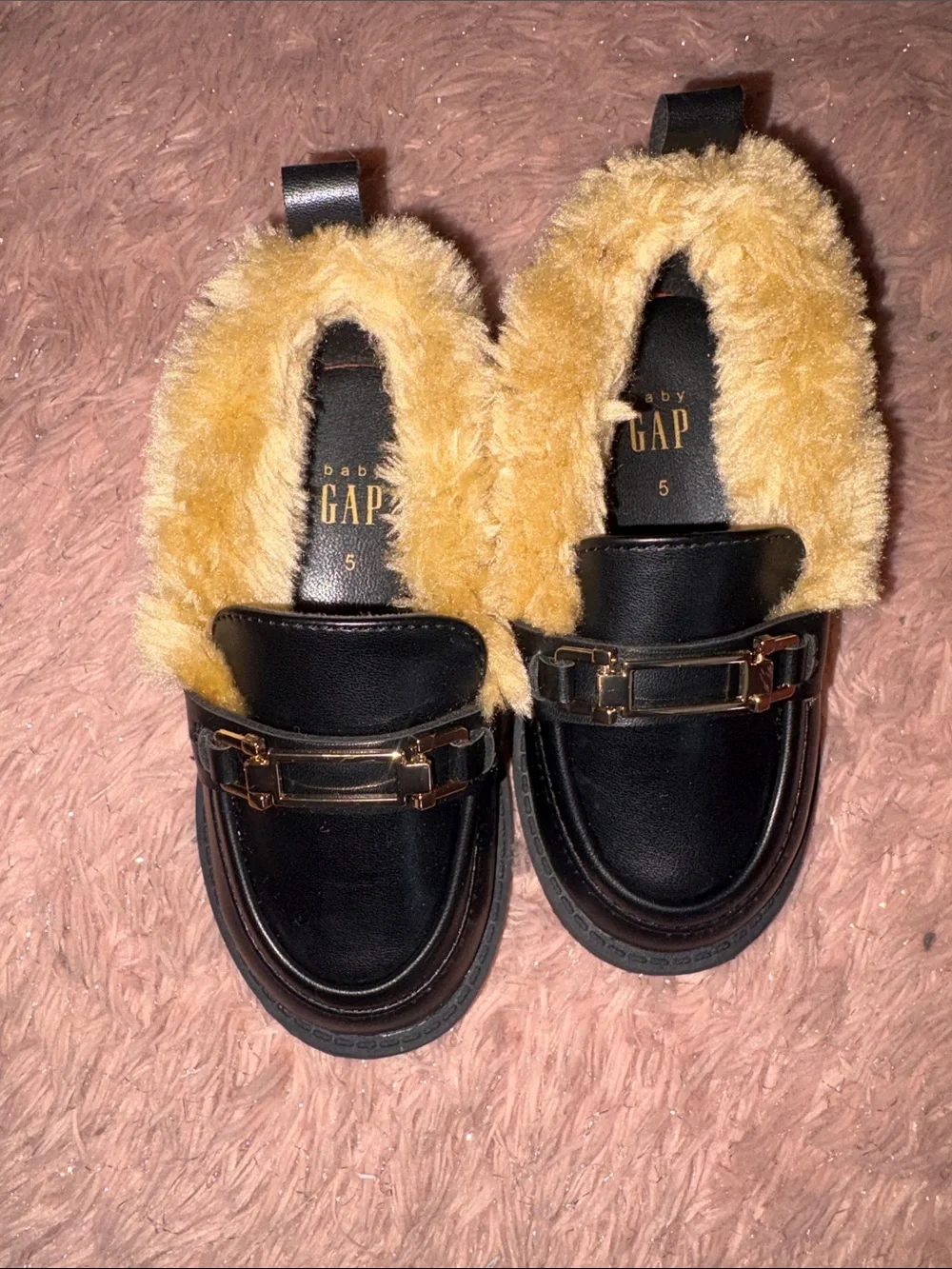 GAP Black Loafers with Yellow Faux Fur Trim and Gold Hardware
